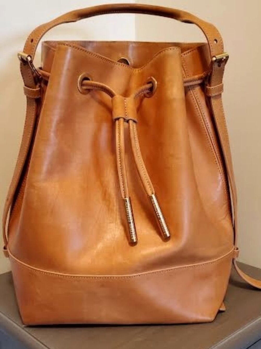 Opening Ceremony Tan Leather Drawstring Bucket Backpack — Rare, Discontinued